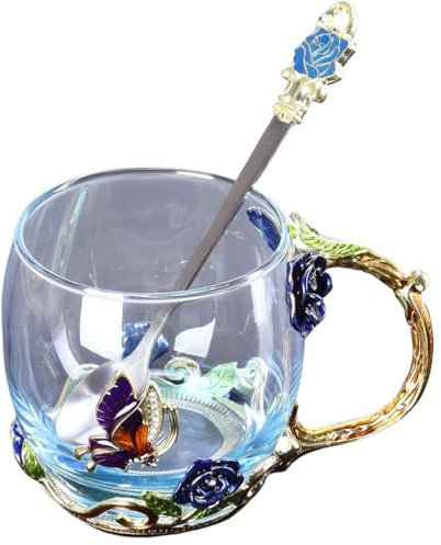 LJYING Handmade Enamel Butterfly & Rose Flower Glass Coffee Mugs Tea Cup with Spoon 320ml Birthday Gifts for Friends Women Wife Mum Teacher Sister (Blue)