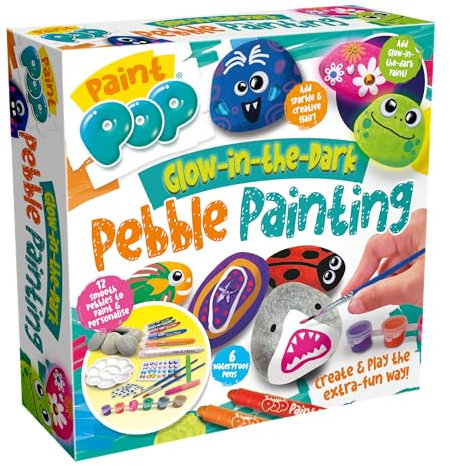 Paint Pop - Glow in The Dark Pebble Painting Kit - Create Children’s Glowing Masterpieces for Hours of Fun and Play - Features 12 Rocks, 8 Paints, 2 Brushes, Stickers, Gems, 6 Paint Sticks, 4+