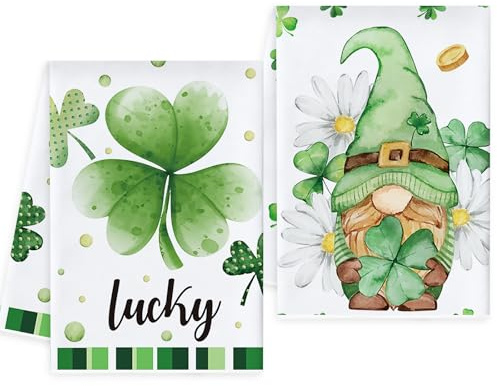 Vspek Lot de 2 Torchons de Cuisine de Saint-Patrick, GNOME Trèfle de St. Patrick Torchon Vaisselle, Saisonnier Torchons pour Salle de Bain, Décorations Printemps Vert Décoration Cuisine