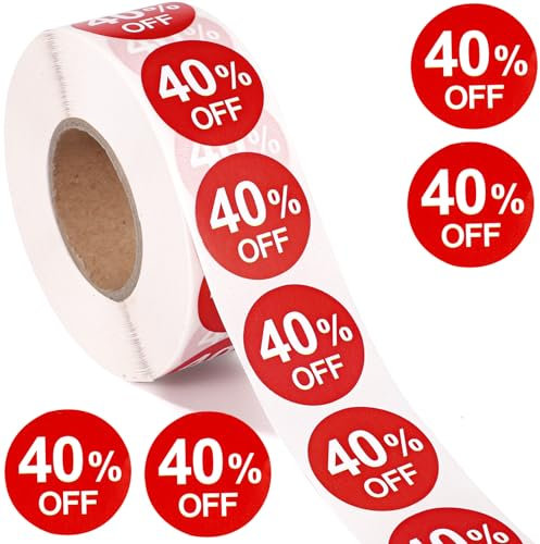 Tinoaly 1000pz Adesivi 40% di Sconto, 25mm Adesivi Autoadesivi Rotondi 40 Percento di Sconto Etichette Promozionali Pratiche Vendita per Negozi al Dettaglio Supermercati (Rosso)