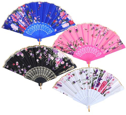 Grevosea 4 Pcs Floral Folding Fans, Vintage Handheld Lace Folding Fan Women Bamboo Fans with Tassel with Different Flower Patterns Fabric Fan for Weddings Dancing Parties and Cosplay