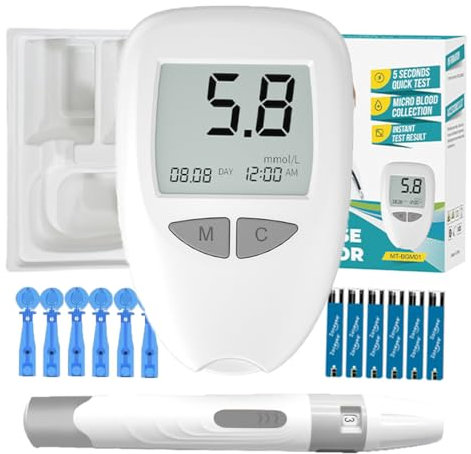 FONCBIEN Medidor de Glucosa en Sangre, Kit Prueba de Glucosa 50 Tiras Prueba Glucosa en Sangre y 250 Memorias incluye 50 Tiras/Lancetas Dispositivo de Punción, Resultados Precisos