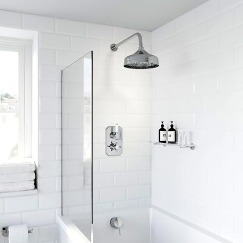 Baystone® Bathroom Thermostatic Mixer Shower with Round Rainfall Drencher Head Concealed Valve & Bath Filler Wall Mounted Traditional, Chrome