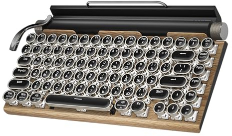 YUEHISY Clavier de Machine à écrire Rétro, Clavier de Jeu Mécanique sans Fil BT5.0 avec 83 Touches, Commutateurs Bleus, Keycap Rond Punk, 14 Modes de Rétroéclairage, pour PC (Couleur du Bois)