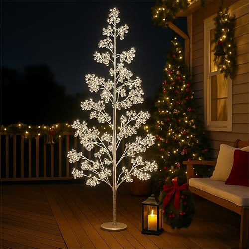 Xmas Haus 210CM Outdoor LED Christmas Tree with Silver Balls Festive Light 1200 Warm White LEDs, Copper Wire, Resin Base, 5M Cable & IP20 Transformer, Timer, Holiday Decoration