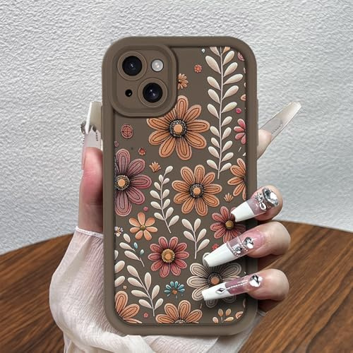 POTOK Coque de protection pour iPhone 15 Marron, Coque avec motifs de fleurs colorées et de feuilles, Coque charmante pour femmes et filles, Coque de protection avec pare-chocs pour iPhone 15
