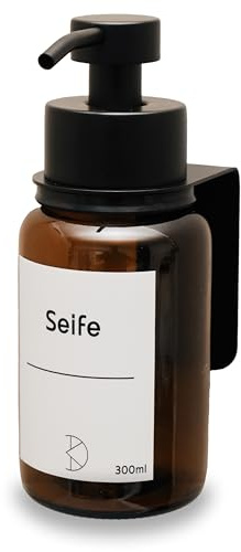 Koffs Design Glas Seifenspender mit Wandbefestigung - 300ml Braunglas Spülmittelspender mit Edelstahl Pumpkopf - Wandmontage ohne Bohren mit 3M Montageband, Set 1-Fach Halter