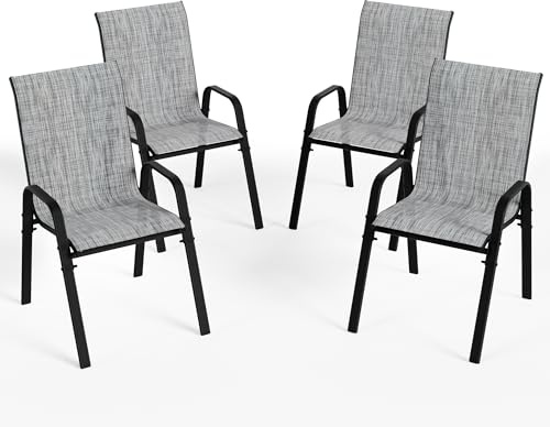 RTDTD Stapelbare Garten-Esszimmerstühle mit Armlehnen, Textilene Freizeitstühle für Terrasse, Balkon und Hinterhof, robust & pflegeleicht(4-teiliges Set,grau)