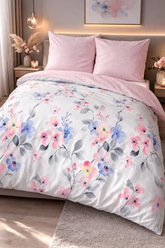 Leonado Vicenti Wendebettwäsche 135x200 cm Baumwolle Renforce – Blumenmuster Weiß mit Rosa & Blau – 2-teilig inkl. 80x80 cm Kissenbezug – Reißverschluss