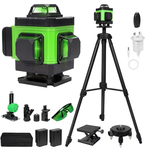 Laser Level Self Leveling with Tripod, 4D x 360° Green Laser Level with 2 x 2400mAh Batteries, Brightness Adjustable 16 Lines Lazer Leveler Tool with Remote Control, Swivel Base and Wall Bracket