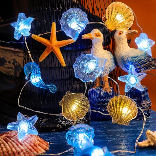 ALEGRE® Lichterkette Meerestiere, 2M 20 LED Meerestiere Lichterkette Maritime Deko, Micro Kupferdraht Seepferdchen Seestern Wellhornschnecken Muscheln Lichterketten Innen für Kinderzimmer, Sommer Deko