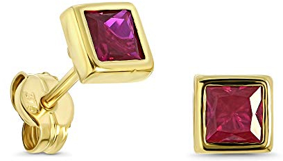 Miore Ohrring Damen Viereckige Ohrstecker mit Edelstein/Geburtsstein Rubin in rot aus Gelbgold 9 Karat / 375 Gold, Ohrschmuck