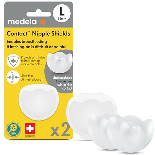 Medela Contact Nipple Shield for Breastfeeding, 24mm Medium Nippleshield, For Latch Difficulties or Flat or Inverted Nipples, 2 Count with Carrying Case, Made Without BPA