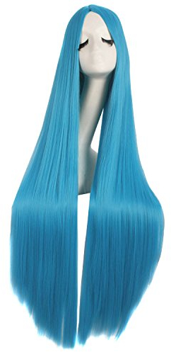 MapofBeauty 40 Zoll/100cm Schnitzen Lange Lockige Cosplay Anime Kostüm Party Perücke (Cyan Blau)