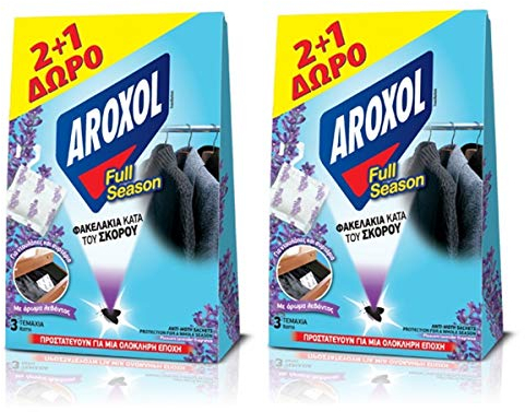 Aroxol 2 Pastillas antipolillas/Paquetes de bolsita Agradable Fragancia de Lavanda para Ropa Tela 2 + 1 Gratis – Dura hasta 6 Meses
