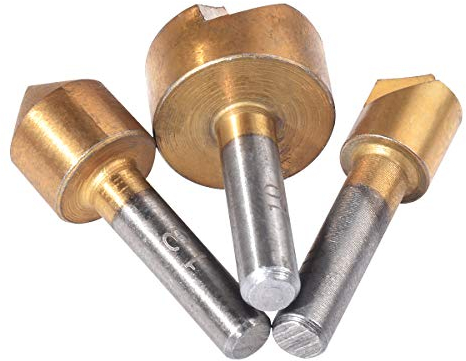 KATUR 3 Stücke 90 Grad Einzelne Flöte HSS Anfasen Schaftfräser, Senker Bohrer Set für Holzbearbeitung, Titan Beschichtung, 1/4 Zoll Rundschaft, 2-5,5-9,8-13mm Öffnung (Gold)