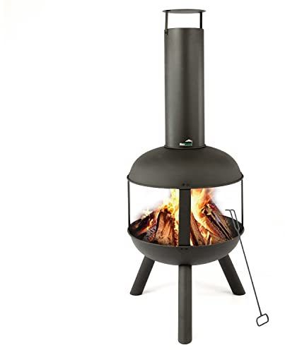MaxxGarden - Hades Preciosa Chimenea de Jardín con Chimenea para Relajarse - Chimenea de Patio con Rejilla de Acero - Chimenea de Exterior con Póker - Estufa de Patio (Ø45 × 115 cm) Negro