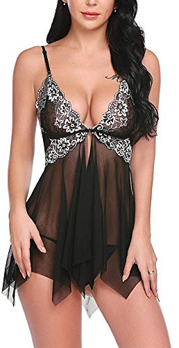 SEDEX Babydoll Lingerie Sexy Intimo Donna Biancheria Intima Confortevole Stile-Anteriore Aperto Grande Size Pizzo Lace Lingerie Trasparente Aperto G-Stringa(Nero,L)