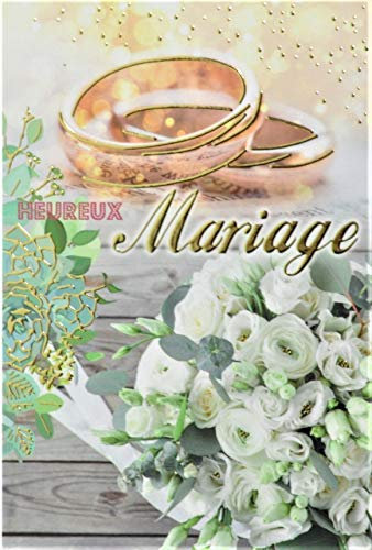 63-1146 Carte Heureux Mariage avec Dorure Or Doré Alliances Mariés Bouquet Fleurs Blanches Fabriqué en France