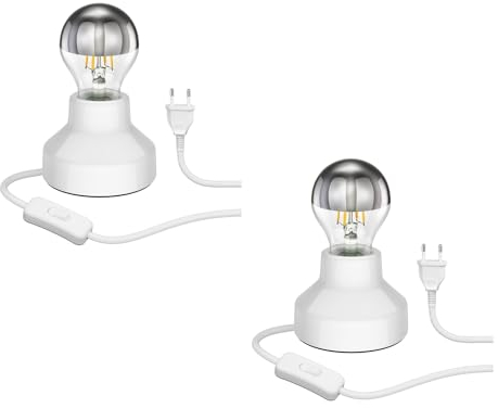 ledscom.de 2 Stück E27 Porzellan Tischlampe TIX, rund mit Stecker und Schalter, weiß, 90mm inkl. E27 Lampe 461lm warmweiß