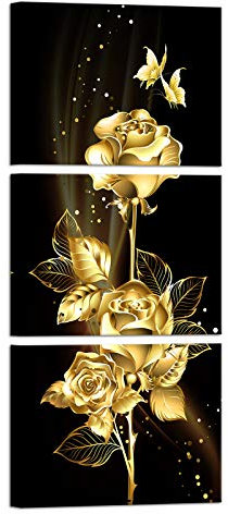 Biuteawal Flower Canvas Wall Art Gold Rose and Butterfly Painting on Canvas Elegant Floral Picture 3 Panels Contemporary Artwork for Living Room Bedroom Kitchen Decoration Framed Ready to Hang