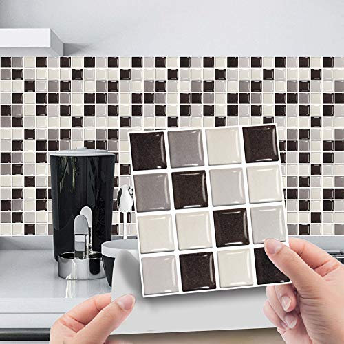 Hiseng Rettangolo Adesivi per Piastrelle da Cucina, Marmo 3D Mosaico Stampa Impermeabile Adesivo da Parete Formato Autoadesivo Decorativo per Bagno Decorazioni, 10x10cm (Grigio,30Pezzi)