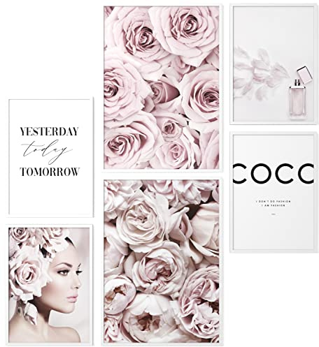 Papierschmiede® Mood Poster Set Coco Flowers, Fertiges Bilder Set mit Rahmen (Holz, weiß), Wohnzimmer Deko Schlafzimmer, 2x DIN A3 und 4x DIN A4, Glamour Lifestyle Blumen rosa Parfum
