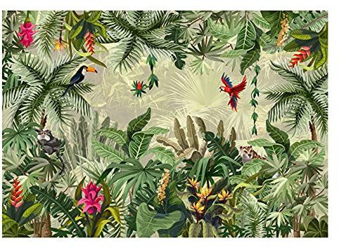 WallArena - Vlies Fototapete Dschungel Tiere Blätter Pflanzen Tropische 254x184 cm - Fototapeten - Tapeten - für Wohnzimmer Schlafzimmer - Vliestapete Wandtapete Tapete 3D Effekt- inkl. Kleister