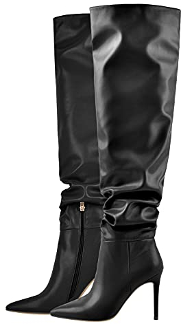 Only maker Damen Slouchy Stiefel Über Knie Langschaft Weitschaft Stiefel Gefütterte Damenstiefel mit Absatz Absatzstiefel Schwarz EU 43