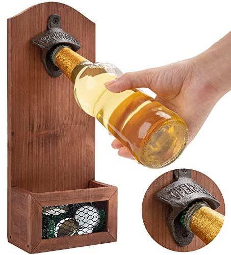 Bottle Opener Wall Mounted Beer Bottle Opener Vintage Wooden with Cap Catcher Home Bar Accessories for Bar Party Kitchen Men and Beer Lovers