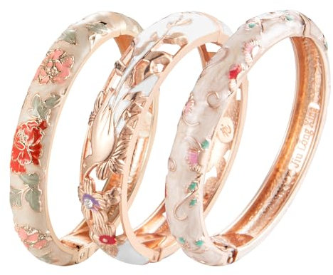 Wynameleri Emaille Armreif für Frauen Handgemachtes Floral Vintage Armband für Damenarmreifen Schmuck, 7.4in *3 Stück Messing Gold Armreif für Frauen, Mutter, Tochter, Glück Armband Gold