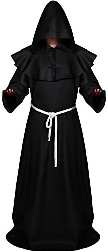 Sintege Costume da Monaco con Cappuccio Corda in Vita e Collana a Croce Abito da Frate Sacerdote Rinascimentale (Nero, M)
