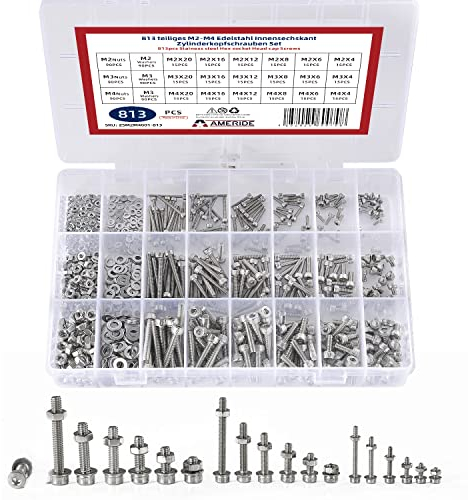 Ameride 813pcs Zylinderkopfschrauben Innensechskant Edelstahl, M2 M3 M4 Schrauben Set, Gewindeschrauben Zylinderschrauben mit Muttern und Unterlegscheiben Sortiment Kit, Silber