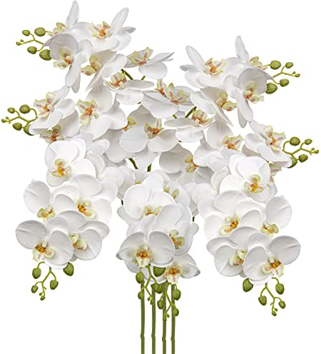 Briful 4 Stück Kunstblume Orchideenzweig Künstliche Phalenopsis Orchidee Dekorative Weiße Blumen Kunstzweig Deko Real-Touch Kunstblumen Wie Echt mit 9 Blüten