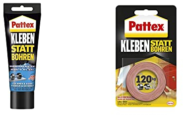 Pattex Montagekleber Kleben statt Bohren Wasserresistent, Kraftkleber für innen & außen, universell einsetzbarer Baukleber, 1 x 340g & Kleben statt Bohren Klebeband, 19mm x 1,5m
