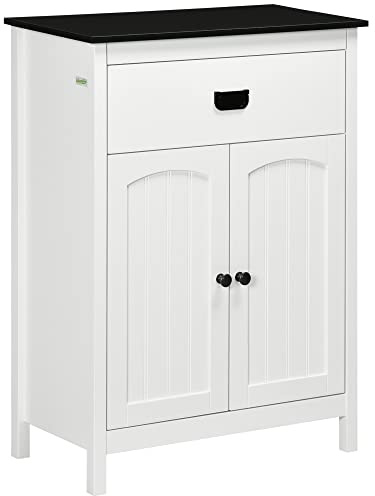 kleankin Bathroom Cabinet, Bathroom Storage Unit with Drawer, Double Door Cabinet, Adjustable Shelf for Living Room, Bedroom, White