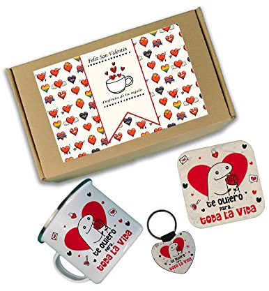 Caja de regalos para san valentin, taza san valentin, llavero san valentin y posavasos san valentin (Caja F)