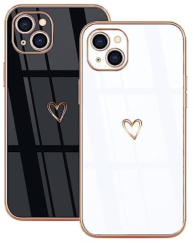 Lonrapa 2 Stück iPhone 13 Handyhülle Süße Gold Herz Muster Motiv Hülle für Mädchen Frauen Galvanisierte Weich TPU Silikon Kameraschutz Stoßfest Bumper Schutzhülle iPhone 13 Case Cover - Schwarz & Weiß