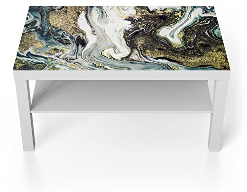DEQORI Glastisch | weiß groß 90x50 cm | Motiv Flüssiger Marmoreffekt | ausgefallener Beistelltisch aus Glas | Hochglanz Couchtisch fürs Wohnzimmer | moderner Couch Tisch mit Design
