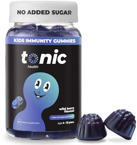 Tonic Health Kids Immunity Gummies - 7 in 1, Elderberry Gummies, No Added Sugar, No Sweeteners, Vitamins C, D and Zinc, Wild Berry Flavour, Month Supply (60 Count), Ages 3-12, Vegan.