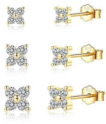 Ohrstecker Set Gold Ohrringe | 3 Paar Ohrringe mit Zirkonia Funkelnd Ohrstecker Silber Set für Damen Herren Mädchen Knorpel Tragus Helix 2,5mm/3,5mm/4mm