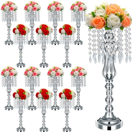 Didaey Hochzeits-Mittelstücke für Tische, Vase, Mittelstück mit Kronleuchter, Kristall-Metall-Blumenständer, hohe Blumenvasen für Hochzeit, Party, Dekoration, Silber, 54,1 cm, 16 Stück