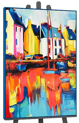YS-Art Abstrakt Design Acryl Gemälde auf Leinwand Yachten und Hafen handgemalt Wandbilder Wohnzimmer modern Wohndekor Bild bunt echte Kunst 140x100 cm