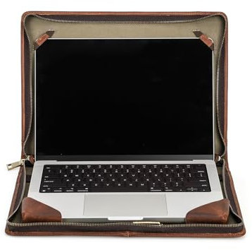 CONTACT'S FAMILY Zipper Folio Compatible with MacBook Pro 16.2”, Genuine Leather Laptop Sleeve Protective Folio Book Case for 16.2 Inch MacBook Pro(Brown)