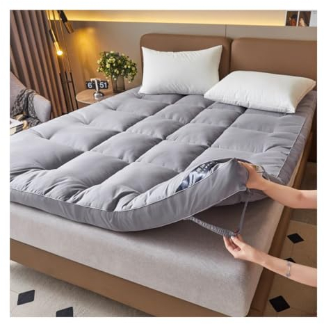Extra Flaumige Weiche Matratze Topper Microfibre Polyester Dicke Futon Matratze Hotel Qualität Faltbare Tragbare Weiche Feder Matratzenauflage (Color : Light Gray-10cm, Size : Queen-150 * 200cm)