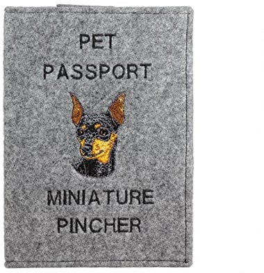 Art-Dog Hundepasshülle - Handgefertigte Filzhülle mit gesticktem Muster - Tierärztliche Reisepasshülle für Hunde - 17x12,5cm - Miniature Pincher