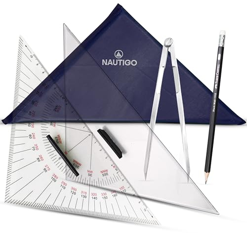 Navigationsbesteck für Sportbootführerschein SBF See & Binnen und SKS | Großes Navigationsset inkl. Marinezirkel, Kursdreieck + Anlegedreieck (je 33cm), Bleistift, Tasche