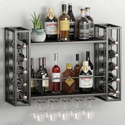 ZAOBAS Weinregal zur Wandmontage, hängende schwebende Bar, Likörregal mit Glashalter, Metall-Flaschenhalter, Weinaufbewahrung, Ausstellungsregal für Zuhause, Bar, Esszimmer, Küche, Schwarz