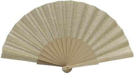 MAPIMANIA - Ventaglio Legno Pieghevole in Tessuto Glitter Color Oro Light, Ventagli Matrimonio Personalizzati, Ventaglio Giapponese Resistente, Gadget Cerimonia