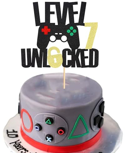 Arthsdite 1Pc Level 7th Unlocked Sign Cake Topper Happy 7th Birthday Level Up Seventh Cake Decorations for Video Game Controller Themed Kids Boy Girl Bday Party Supplies